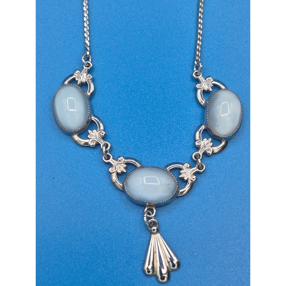 Vintage AMCO Sterling Necklace Opal Glass Moonstone Cabochon Ornate Floral